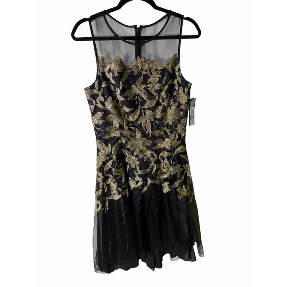 TAHARI Evening Midi Dress SIZE 6 Sheer Black/Goldl Embroidery NEW W/TAGS - Picture 2 of 6